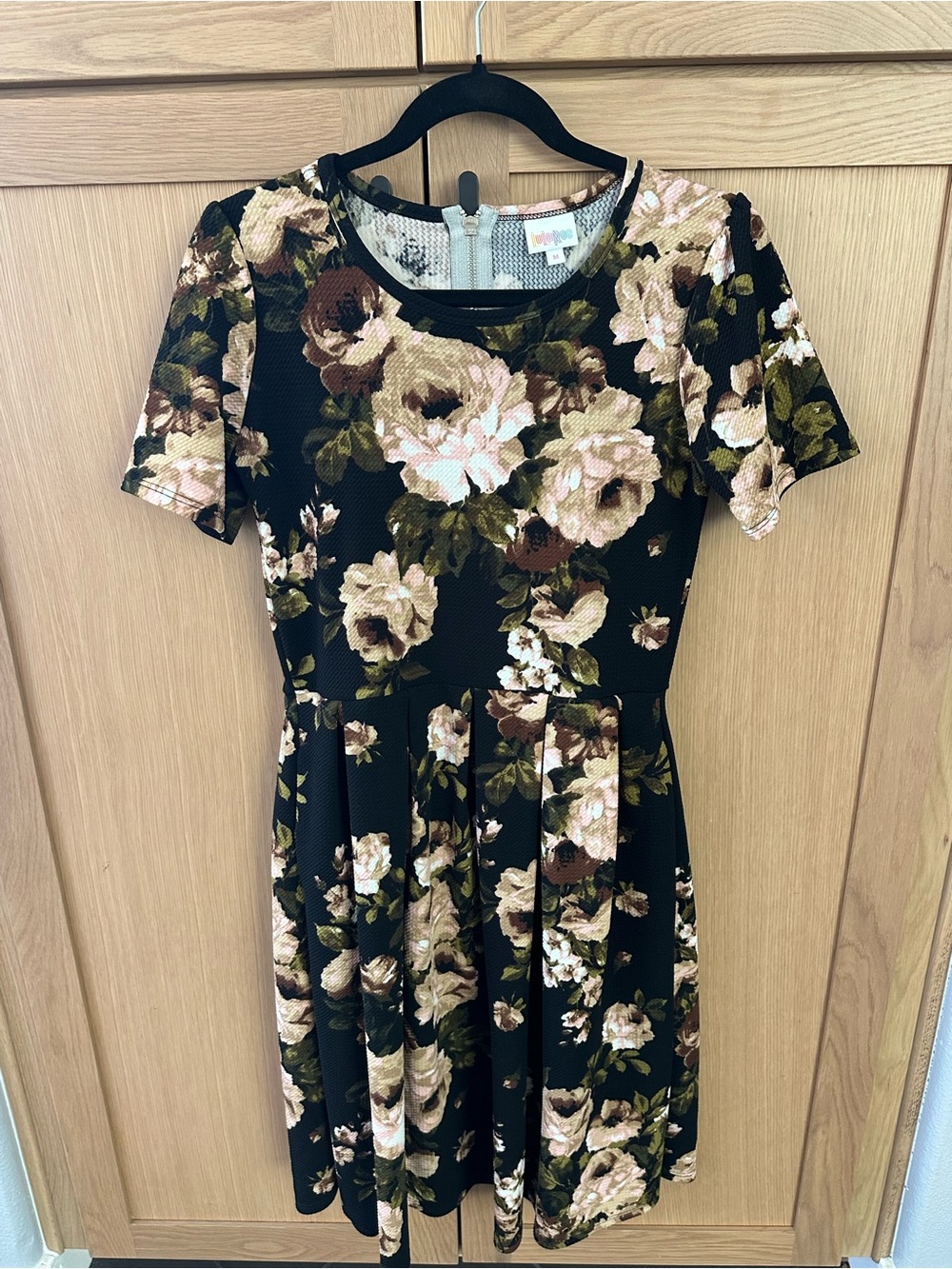 LuLaRoe Black Mini Dress with Cream and Olive Floral Print